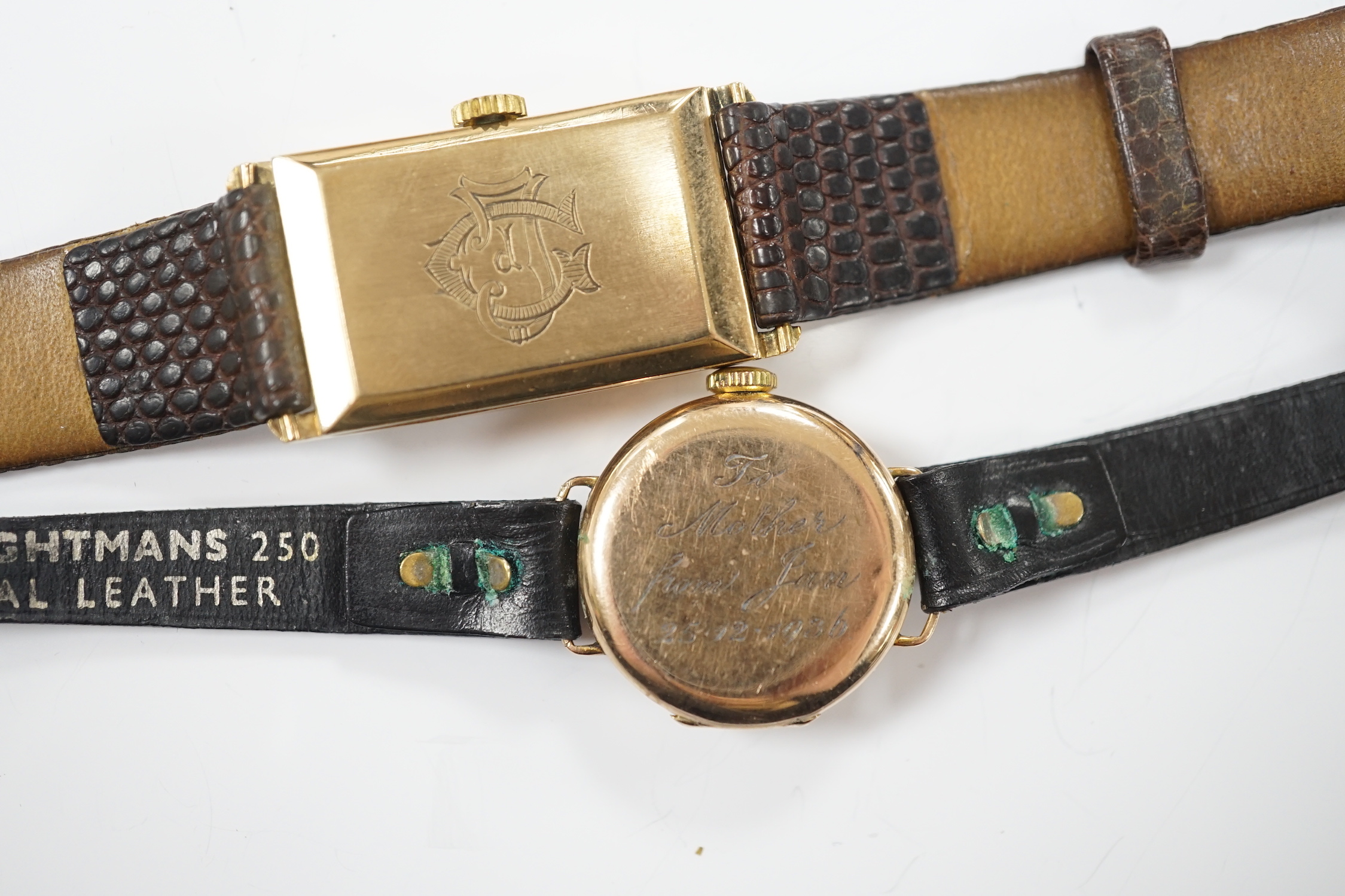 A lady's 1930's 9ct gold Omega manual wind wrist watch, on a later leather strap and a lady's 9ct gold Bebe wrist watch.